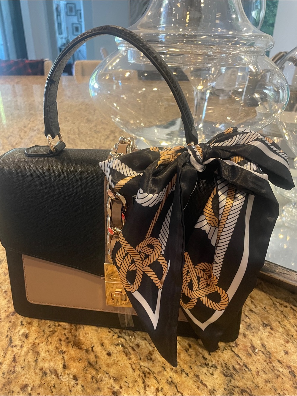 Aldo Black and Tan Top-Handle Satchel with Decorative Scarf